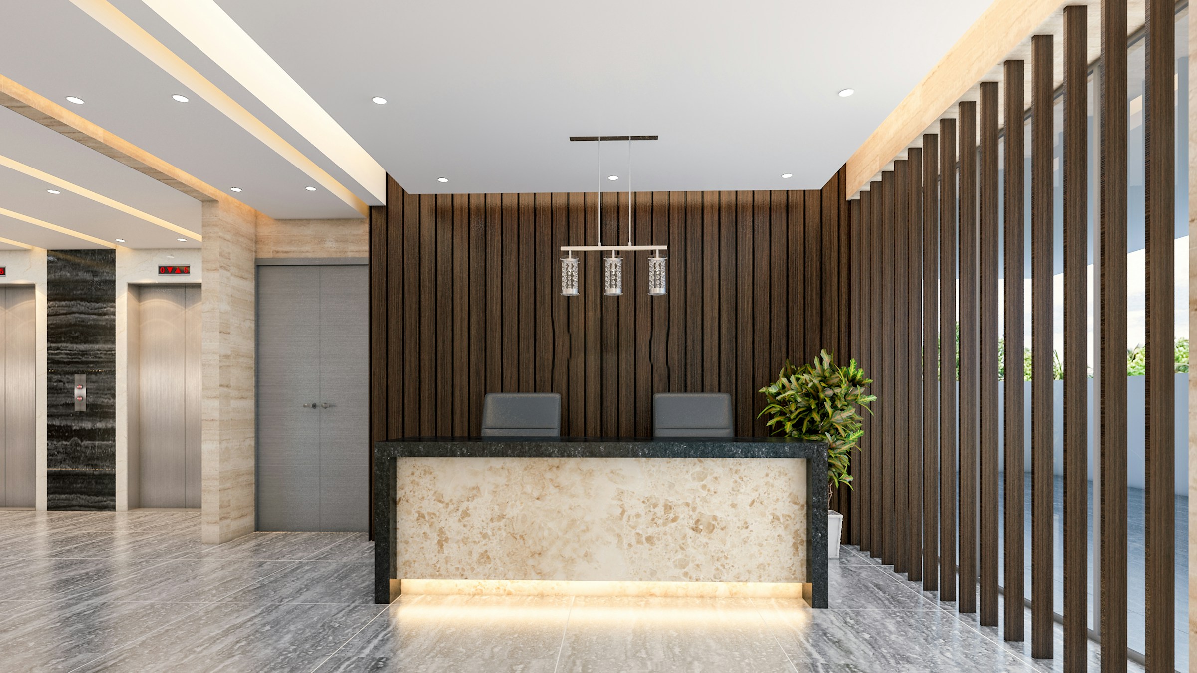 Large office reception lobby with polished finishes